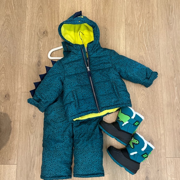 Carter’s Dino Green Dino Snowbib and  Ski Jacket. Cat & Jack snow Boots. - Picture 2 of 6